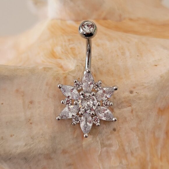 14G Flower snowflake clear gem belly ring stainless steel - Picture 2 of 7